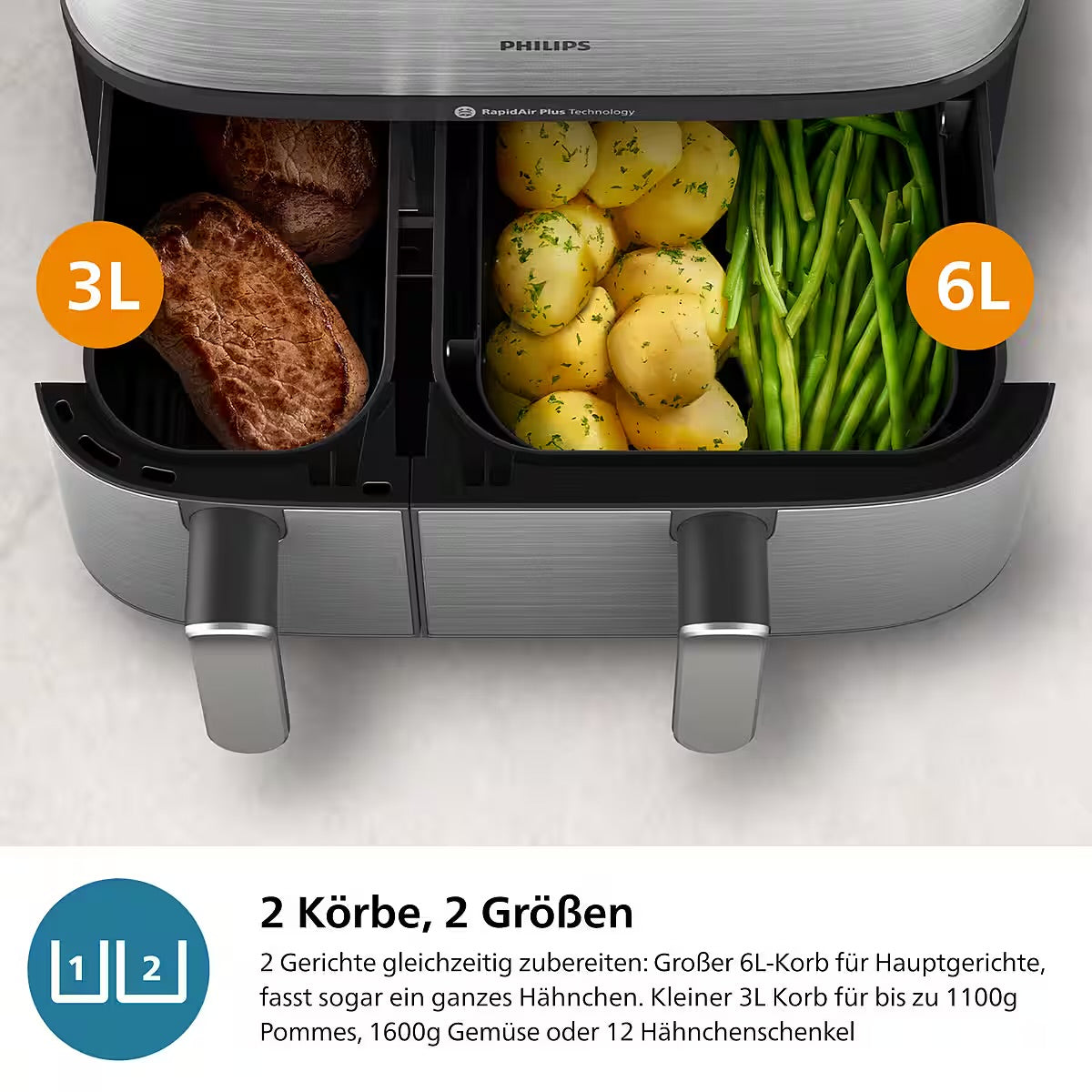 PHILIPS
Heißluftfritteuse 5000 Series NA555/00, Dual Basket mit Steam und 9L Kapazität (6L+3L)