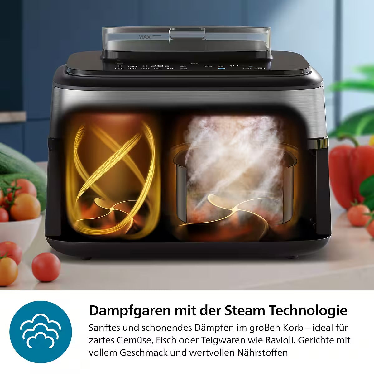 PHILIPS
Heißluftfritteuse 5000 Series NA555/00, Dual Basket mit Steam und 9L Kapazität (6L+3L)