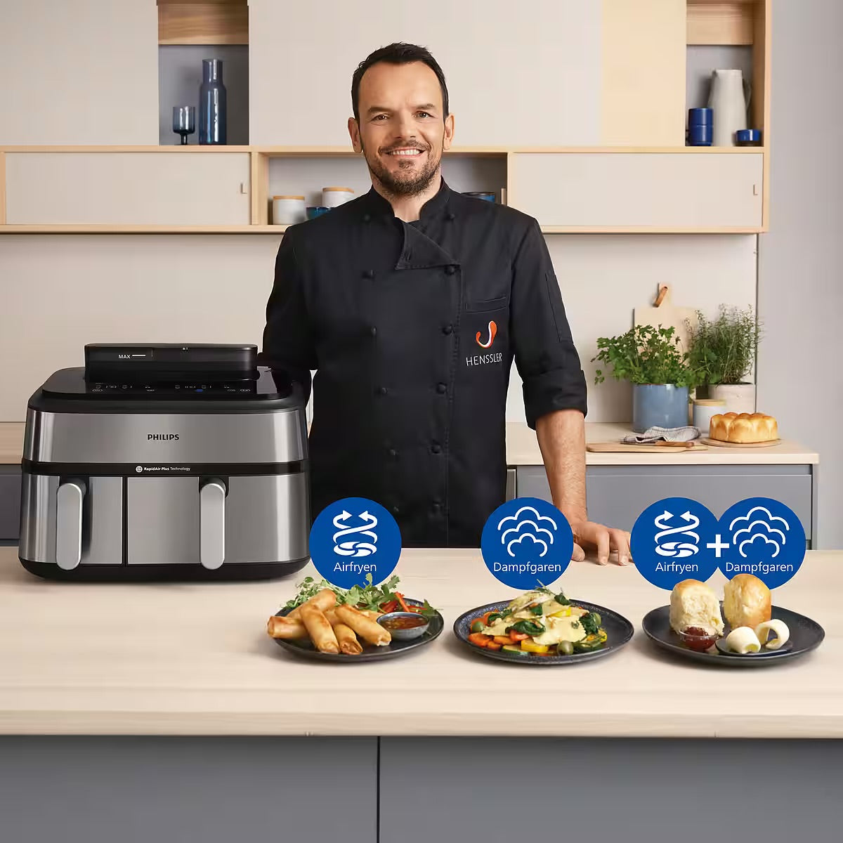 PHILIPS
Heißluftfritteuse 5000 Series NA555/00, Dual Basket mit Steam und 9L Kapazität (6L+3L)