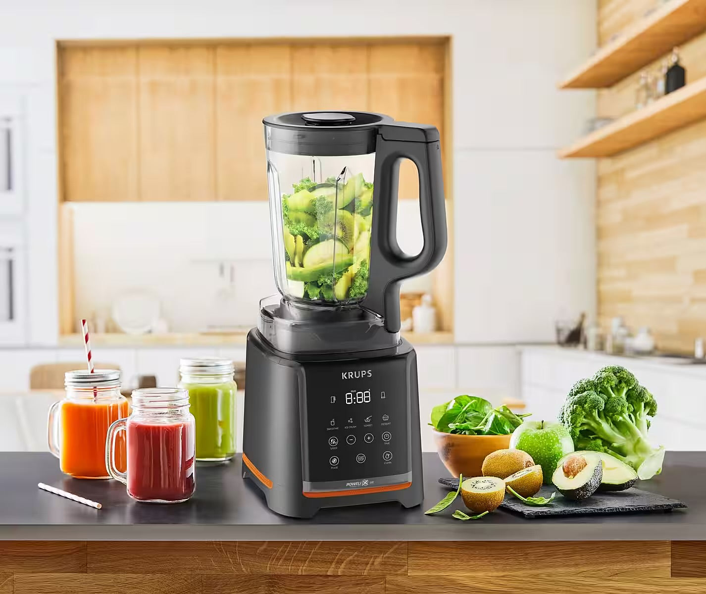 KRUPS
Standmixer KB9158 InfinyMix
1,75 L Tritanbehälter, inkl. Stampfer und Rezeptheft, 35.000 U/Min