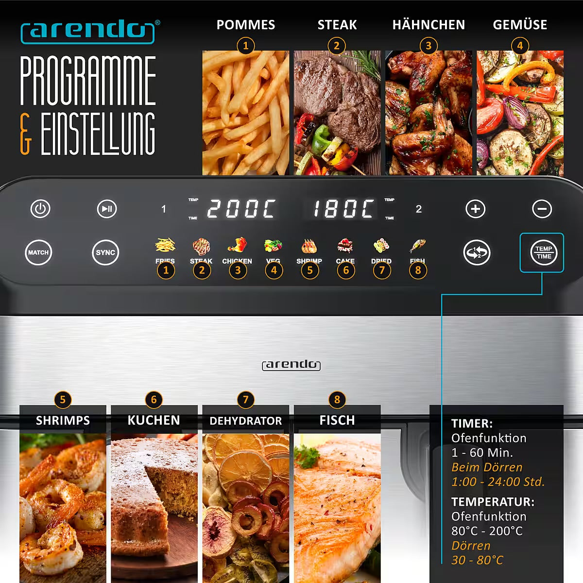 ARENDO
Heißluftfritteuse XXL Doppelkammer Airfryer 9L, Dual Zone, Backofen, Dörrautomat
mit Zubehör, Touchscreen, 3D Umluftsystem, fettarmes gesundes Kochent