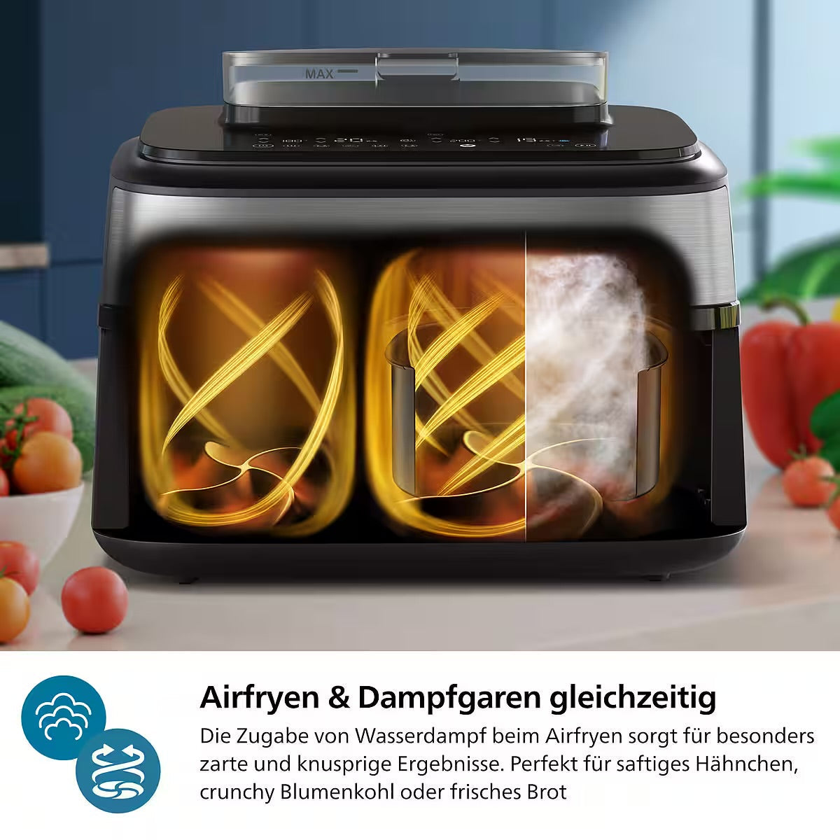 PHILIPS
Heißluftfritteuse 5000 Series NA555/00, Dual Basket mit Steam und 9L Kapazität (6L+3L)