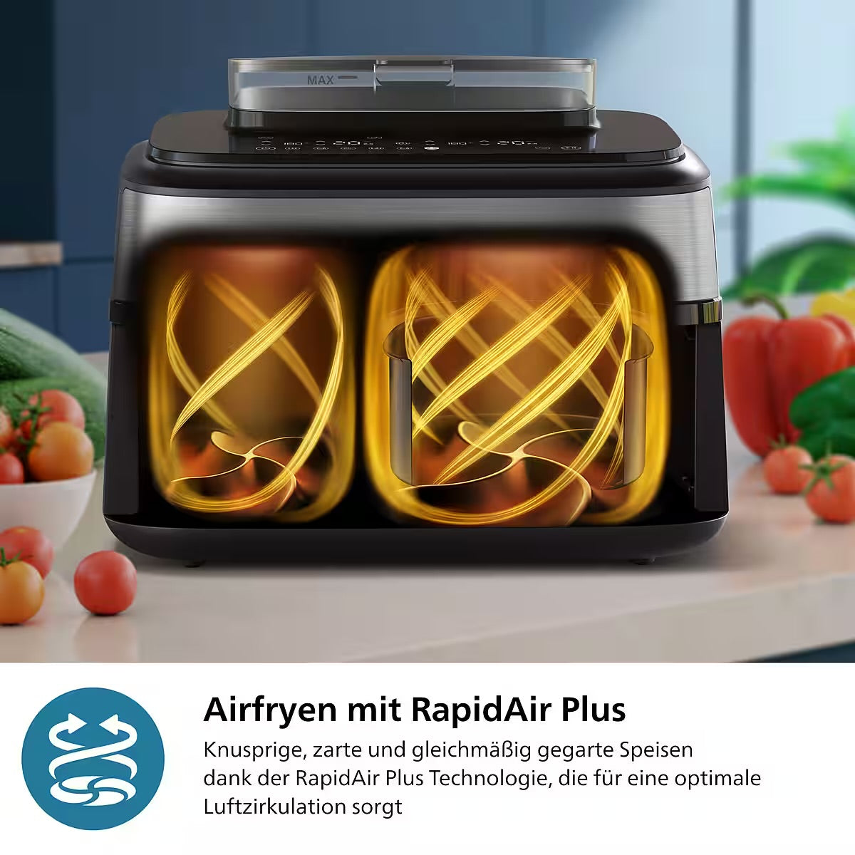 PHILIPS
Heißluftfritteuse 5000 Series NA555/00, Dual Basket mit Steam und 9L Kapazität (6L+3L)