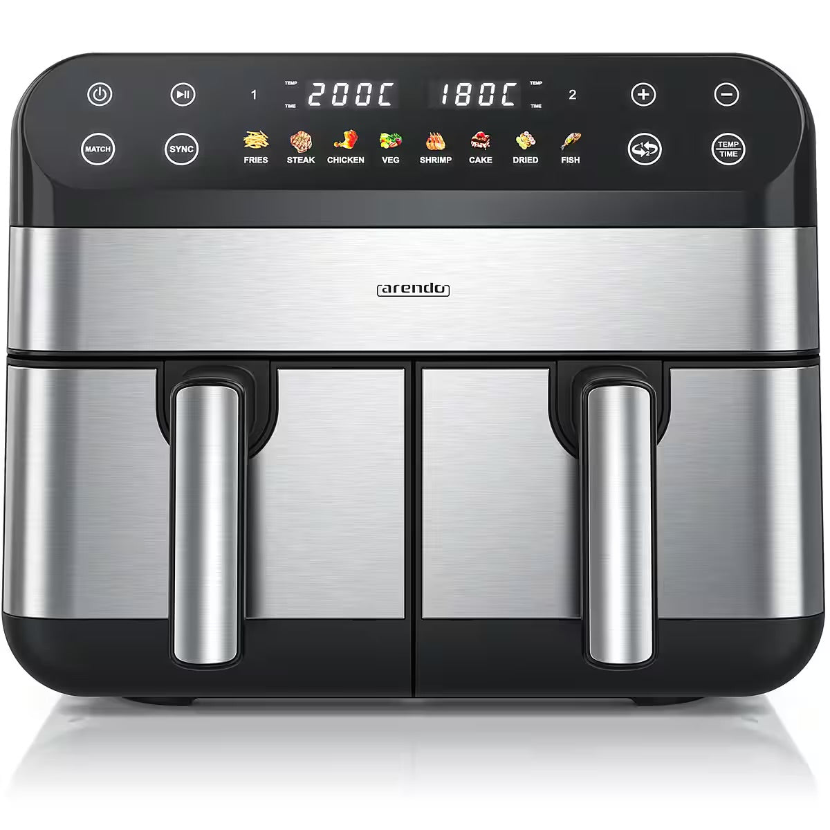 ARENDO
Heißluftfritteuse XXL Doppelkammer Airfryer 9L, Dual Zone, Backofen, Dörrautomat
mit Zubehör, Touchscreen, 3D Umluftsystem, fettarmes gesundes Kochent