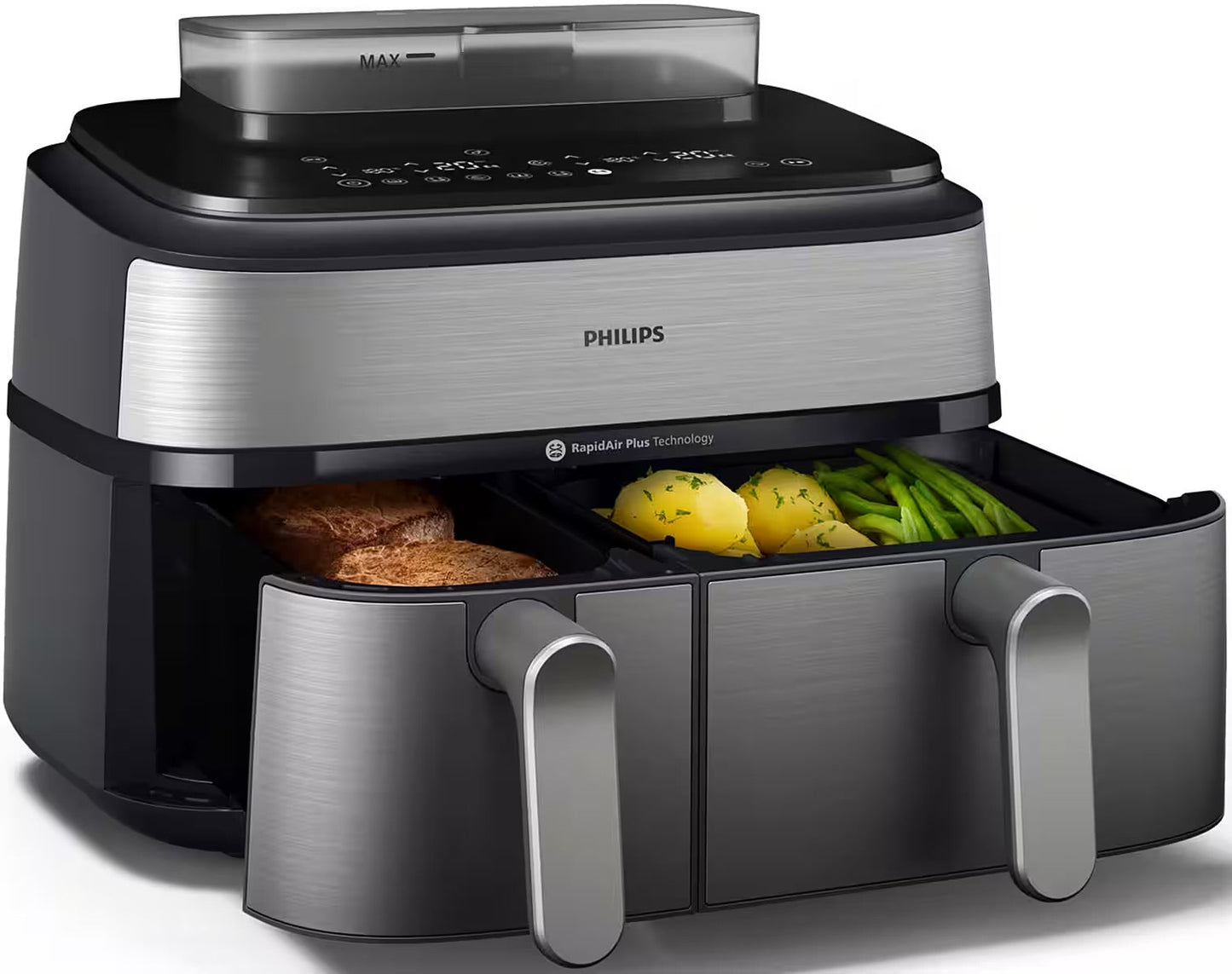 PHILIPS
Heißluftfritteuse 5000 Series NA555/00, Dual Basket mit Steam und 9L Kapazität (6L+3L)