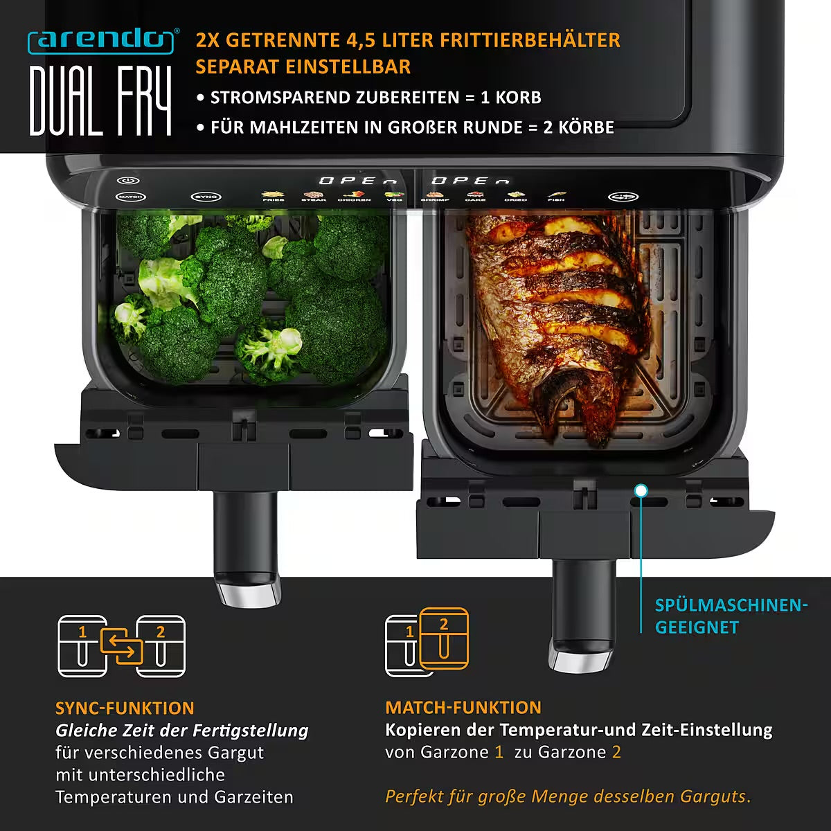 ARENDO
Heißluftfritteuse XXL Doppelkammer Airfryer 9L, Dual Zone, Backofen, Dörrautomat
mit Zubehör, Touchscreen, 3D Umluftsystem, fettarmes gesundes Kochent