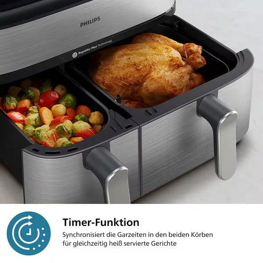 PHILIPS
Heißluftfritteuse 5000 Series NA555/00, Dual Basket mit Steam und 9L Kapazität (6L+3L)