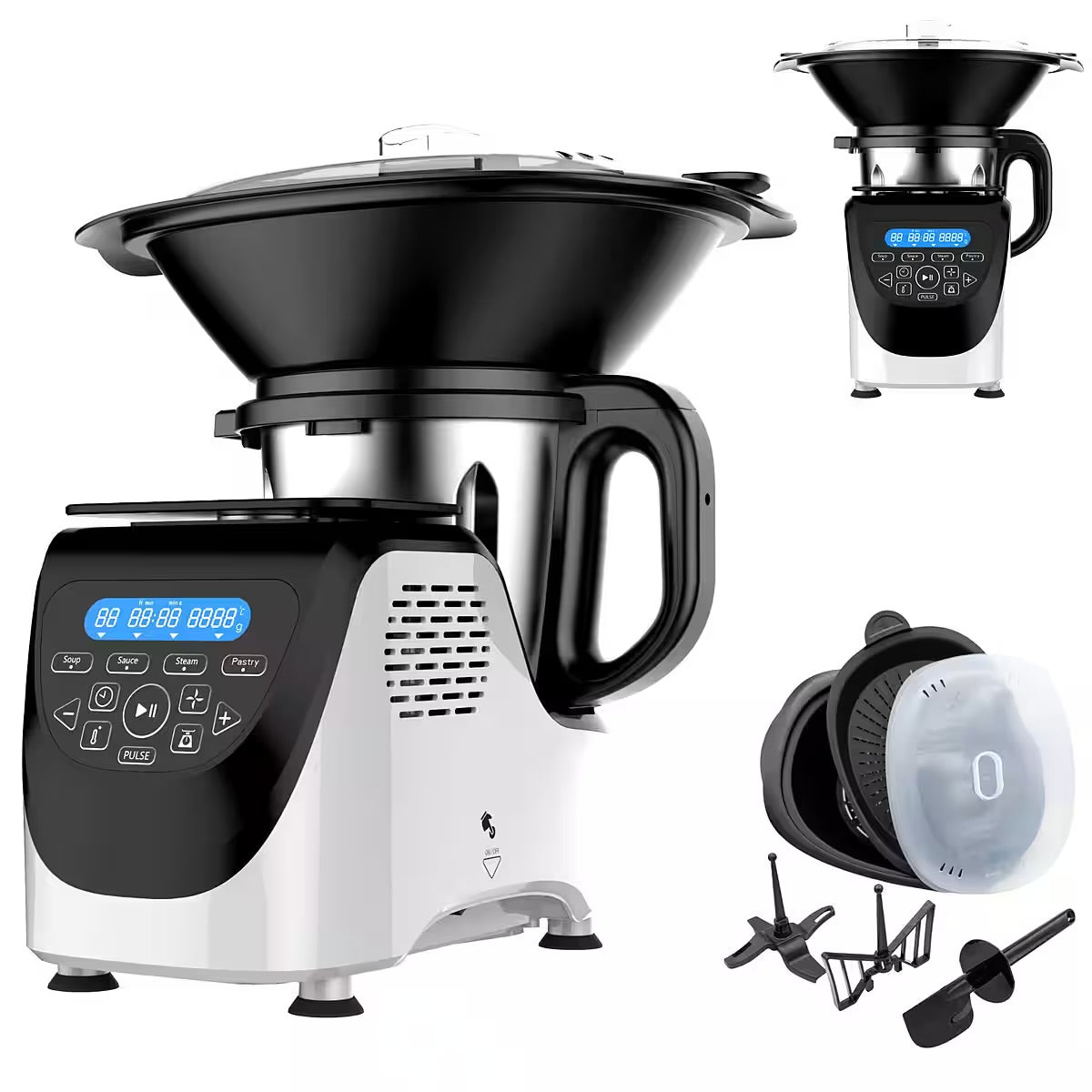 Küchenmaschine mit Kochfunktion
mit Dampfgaraufsatz, digitale Waage