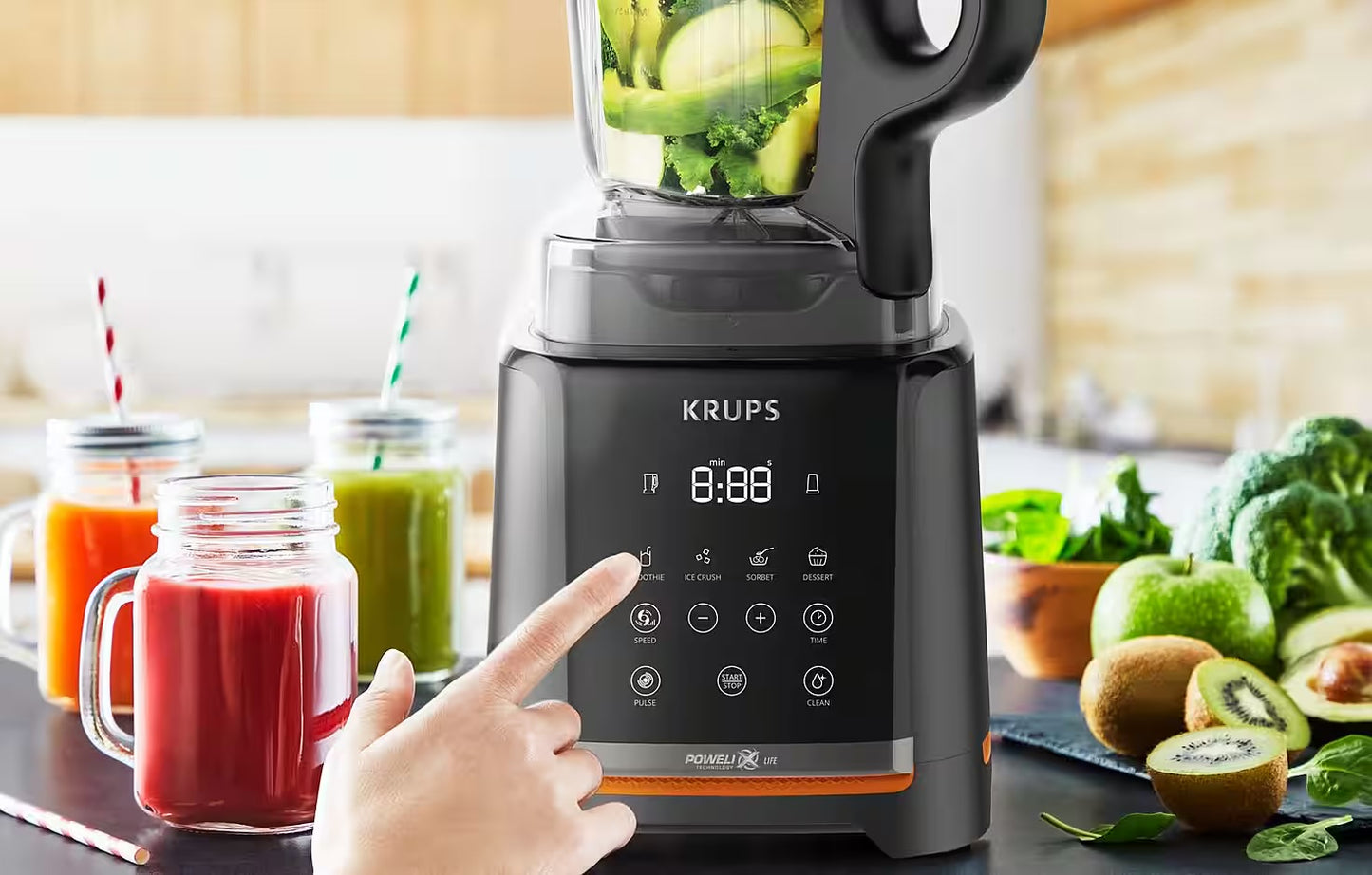 KRUPS
Standmixer KB9158 InfinyMix
1,75 L Tritanbehälter, inkl. Stampfer und Rezeptheft, 35.000 U/Min