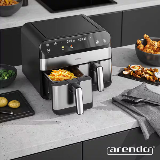 ARENDO
Heißluftfritteuse XXL Doppelkammer Airfryer 9L, Dual Zone, Backofen, Dörrautomat
mit Zubehör, Touchscreen, 3D Umluftsystem, fettarmes gesundes Kochent